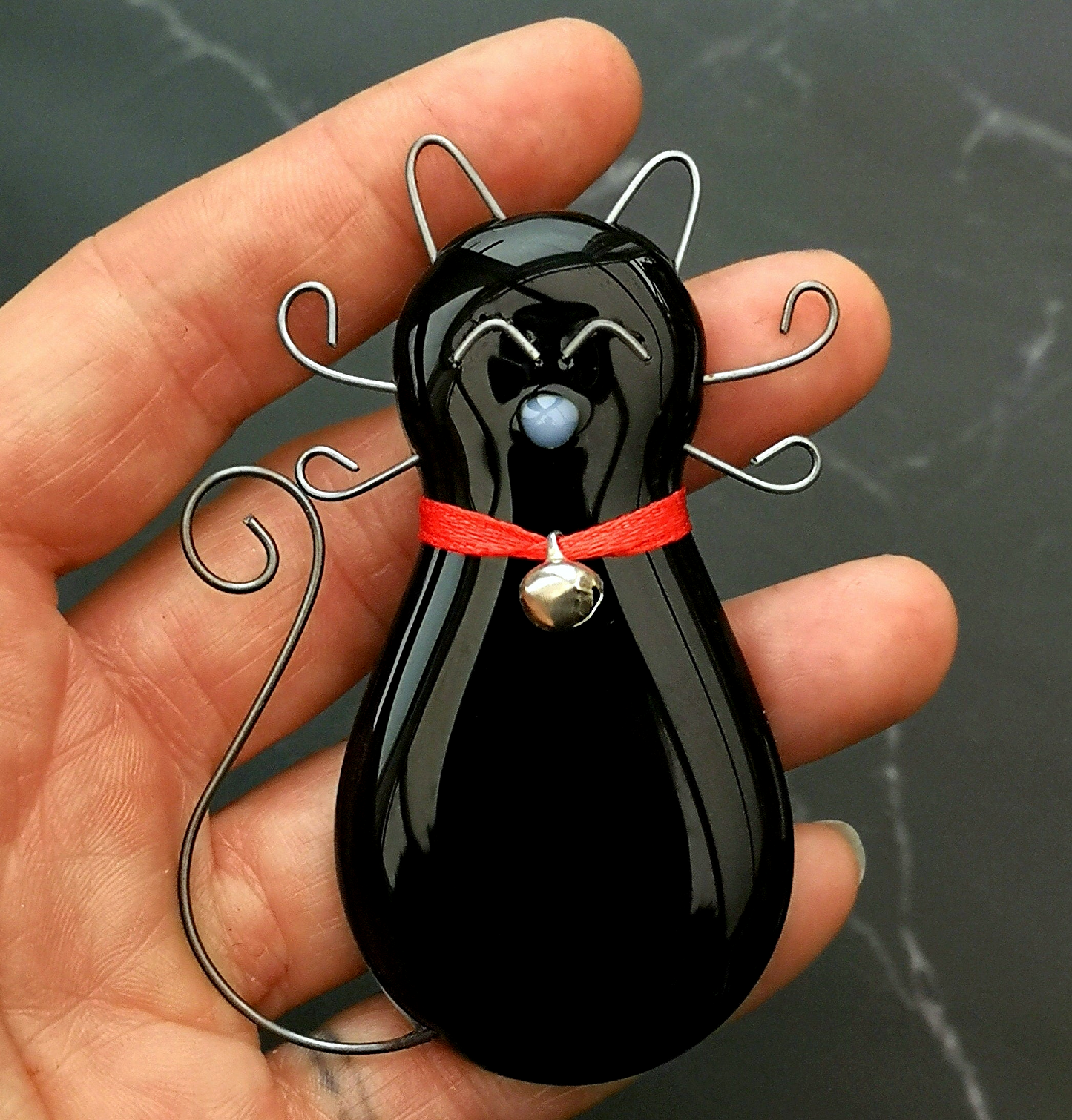 Handmade fused glass cat fridge magnet with cat bell. Magnetic cat lover gift, crazy cat, black cat, lucky black cat. Feline kitten gift.