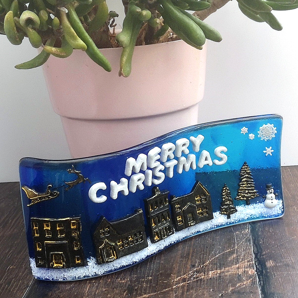 Handmade fused glass 3D merry Christmas free standing curved picture decoration, festive present, santa sleigh reindeer roof top snowy Xmas scene