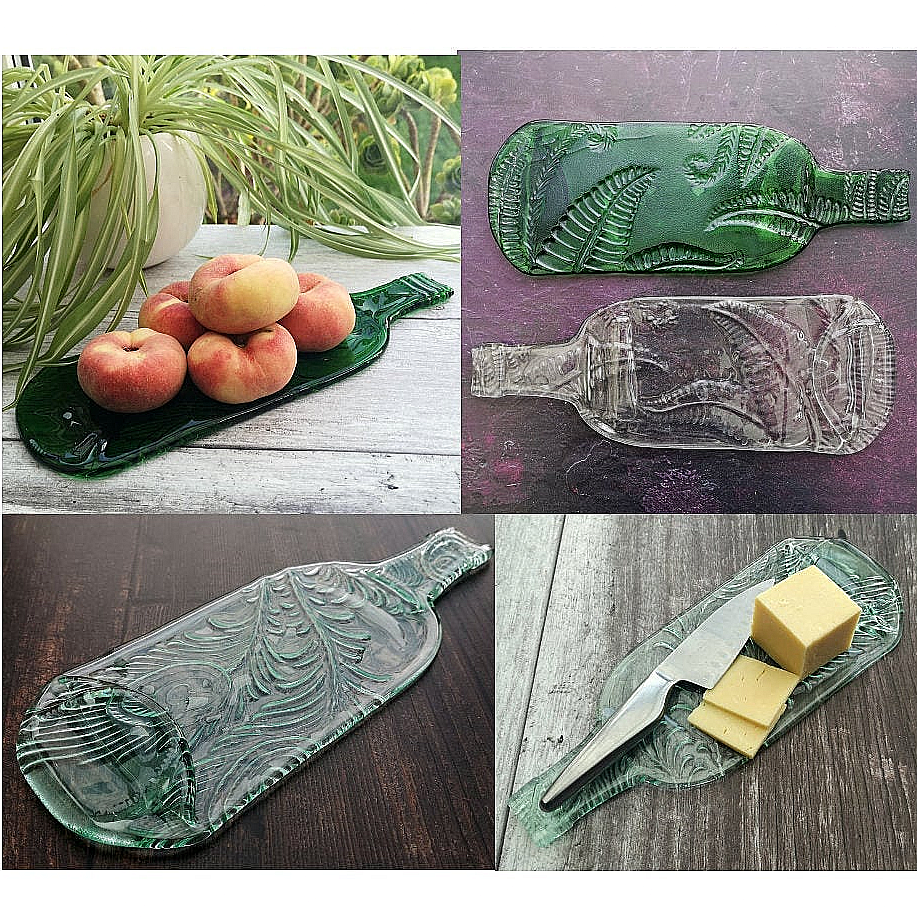 Handmade fused glass Recycled Wine Bottle Plate With Imprinted Patterns - Peacock Feathers - Fern Leaves - Cherry Blossom. Squashed, slumped bottle serving dish. Eco gift, zero waste, reclaimed, upcycled glass platter.