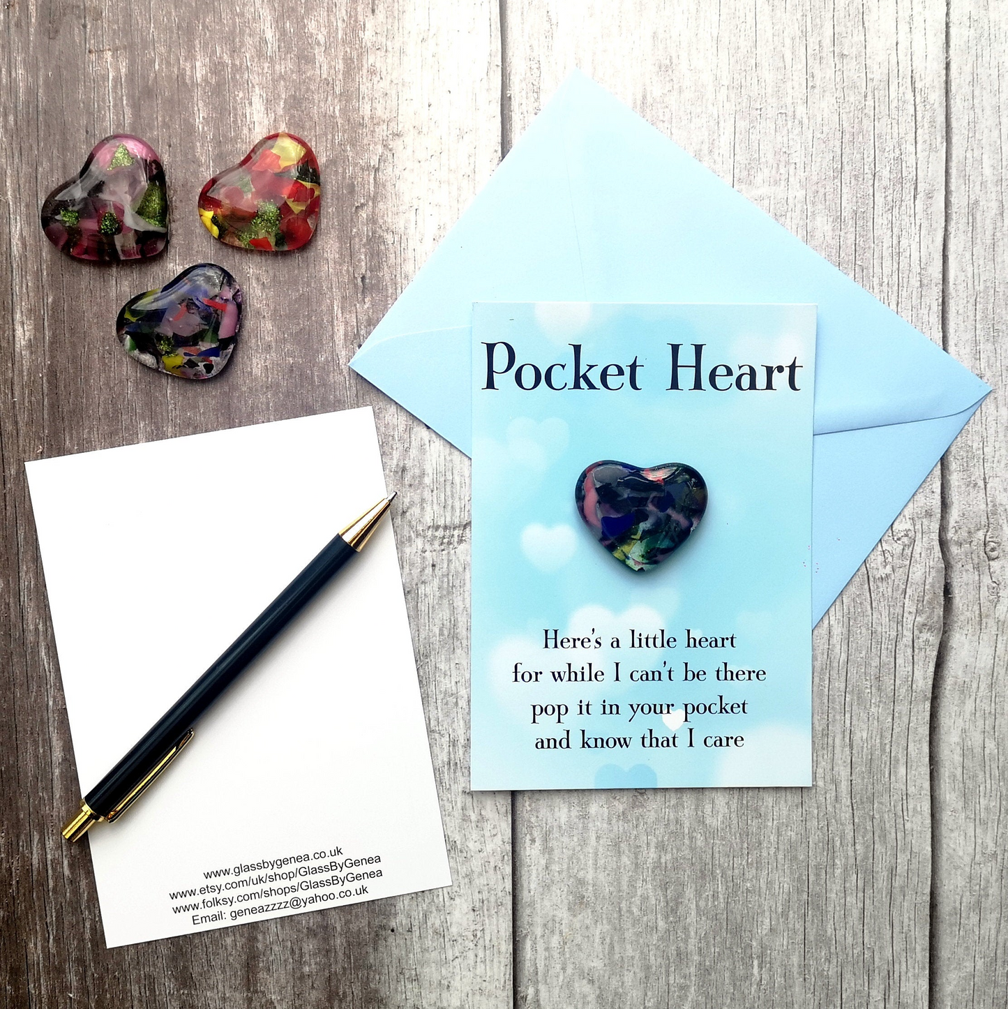 Handmade fused glass pocket heart on a postcard with envelope. 4 different messages to choose from. Pocket hug, wish stone, worry charm, keepsake. Glass heart message gift card, greeting card present.