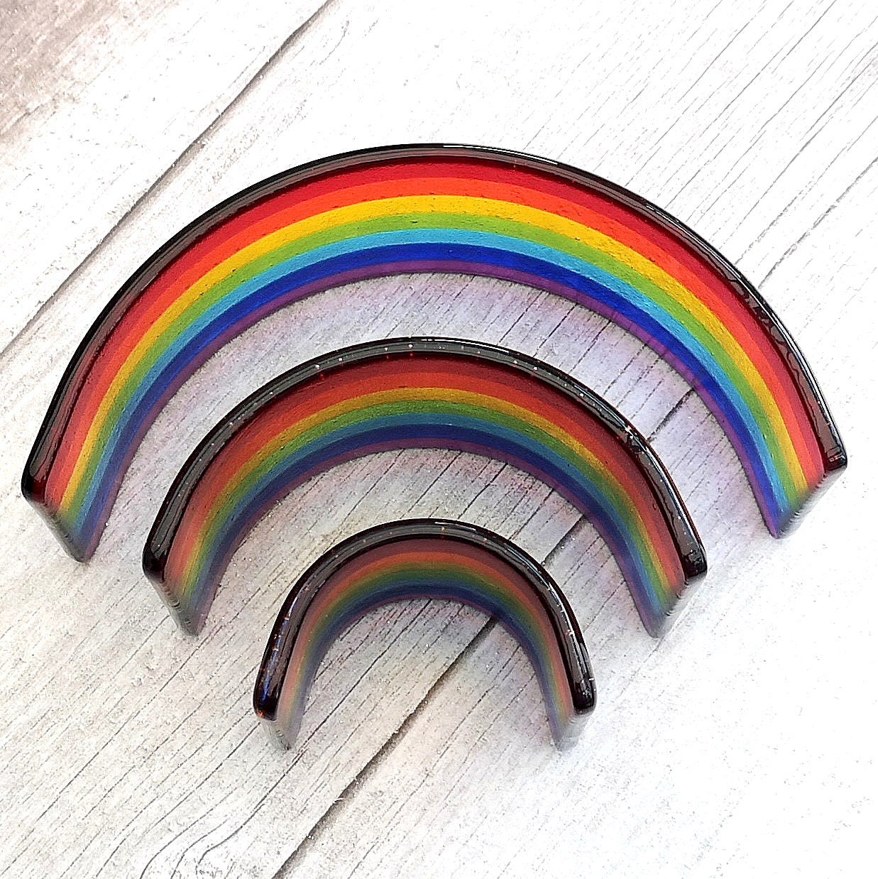 Handmade fused glass curved rainbow bridge. Free standing rainbow arch. Brightly coloured glass gift. Suncatcher, tealight candle surround. Gift for pet loss, remembrance.