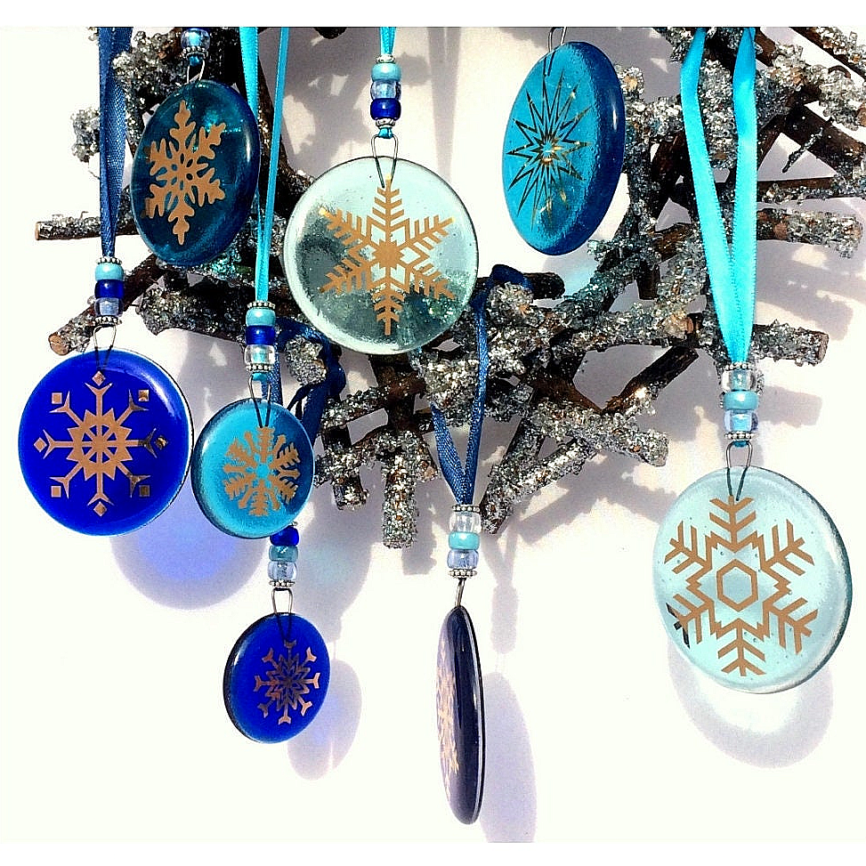 Fused glass Snowflake Hanging Decorations. Glass suncatcher, bauble ornament, holiday decor, Christmas tree gift, festive present.