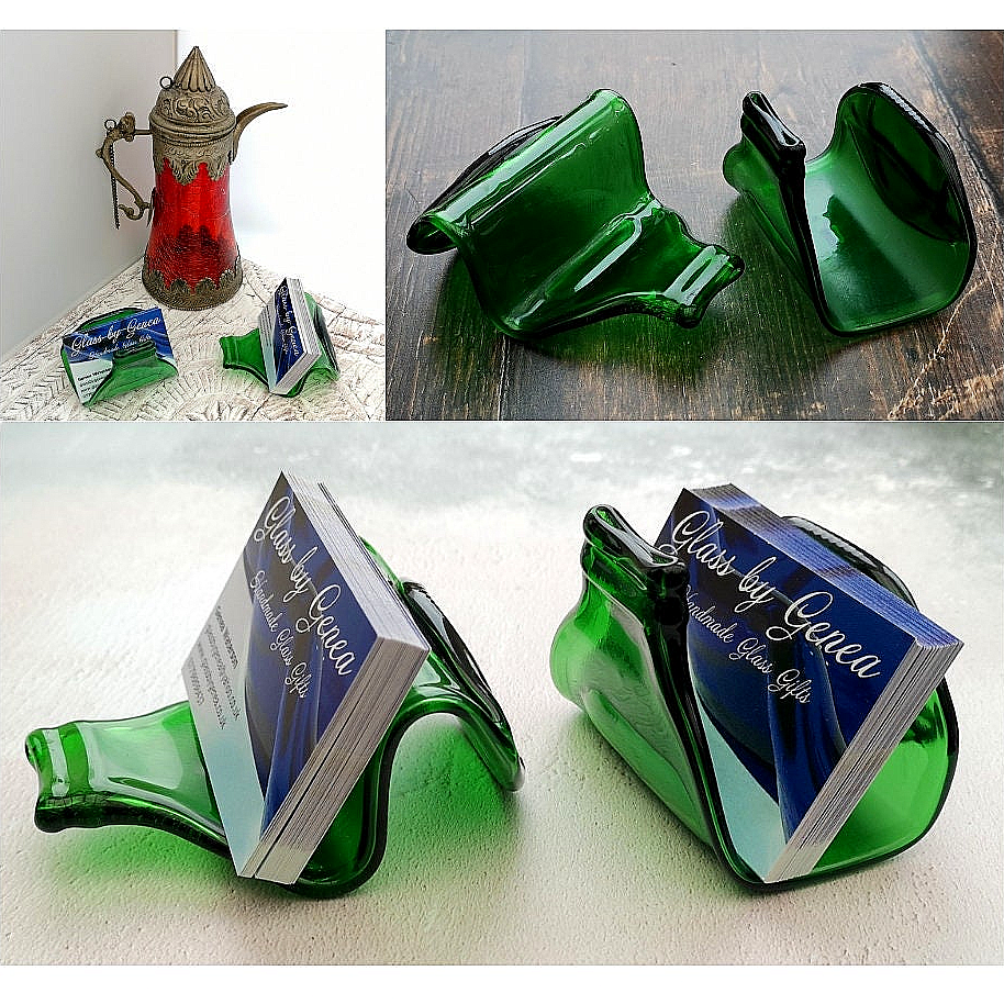 Handmade fused glass Recycled Stubby Beer Bottle Business Card Holder. Squashed, slumped bottle display stand. Eco gift, zero waste, reclaimed, upcycled glass storage.