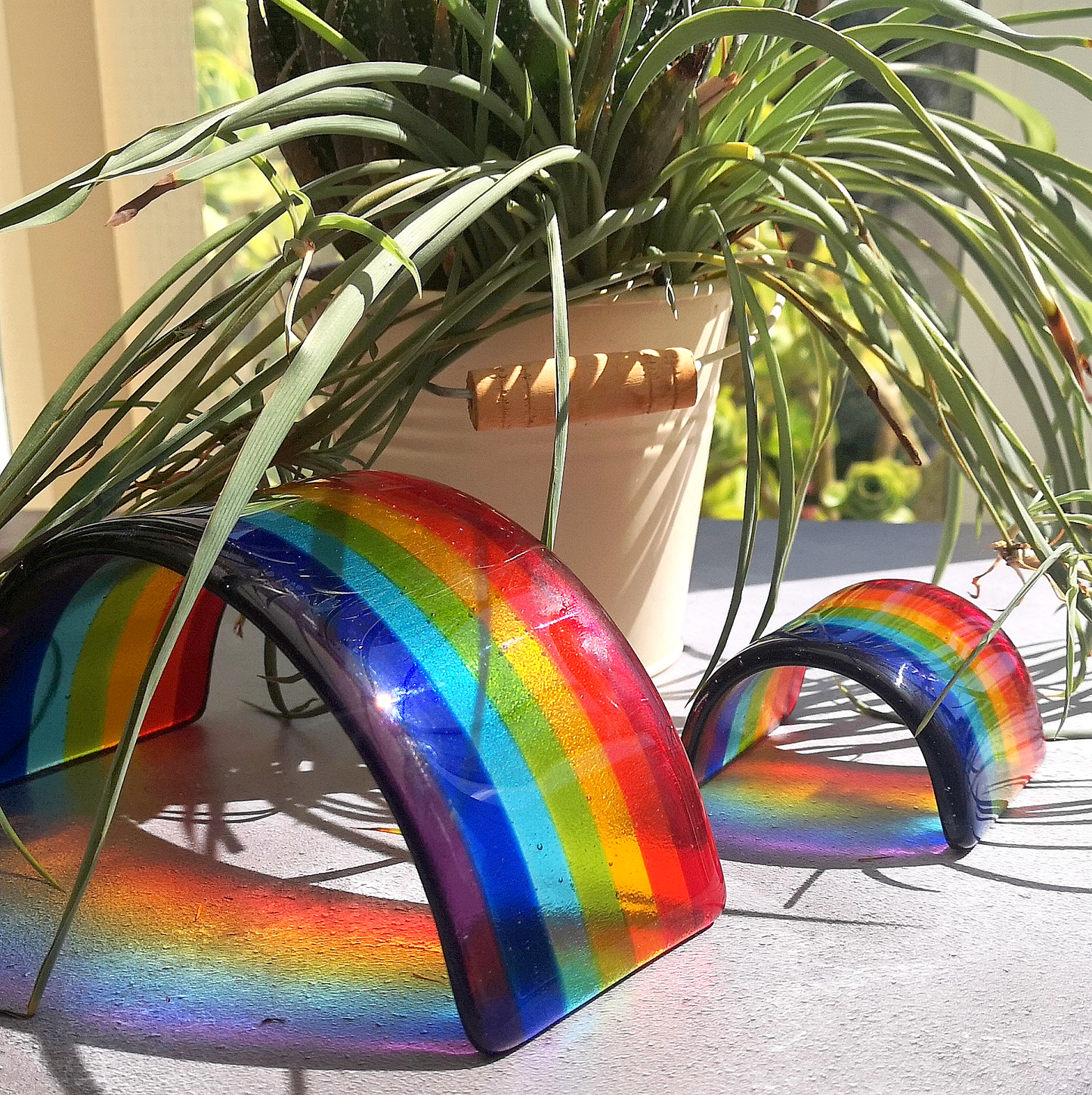 Handmade fused glass curved rainbow bridge. Free standing rainbow arch. Brightly coloured glass gift. Suncatcher, tealight candle surround. Gift for pet loss, remembrance.