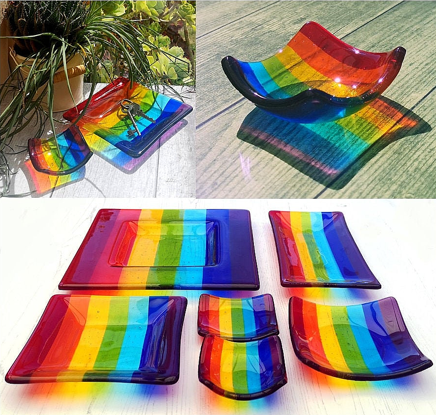 Handmade fused glass rainbow colour bowl. Rainbow striped colourful glass dish. Six different size square or rectangle serving plates to choose from. Multicoloured rainbow trinket bowl. Brightly coloured gift. Rainbow gift.