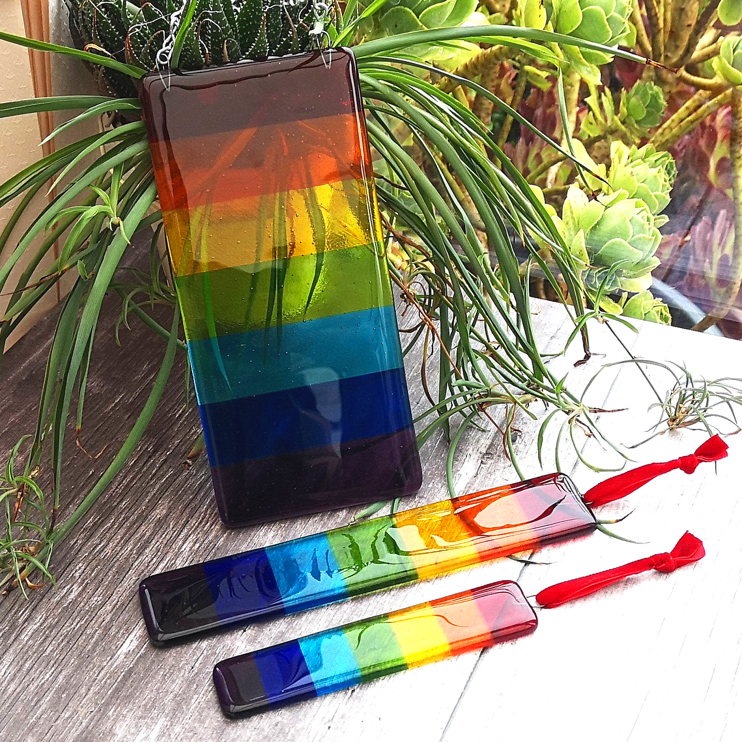 Handmade fused glass Rainbow Striped Hanging Picture / Suncatcher. Brightly coloured glass light catcher, rainbow decor, colourful wall or window art.