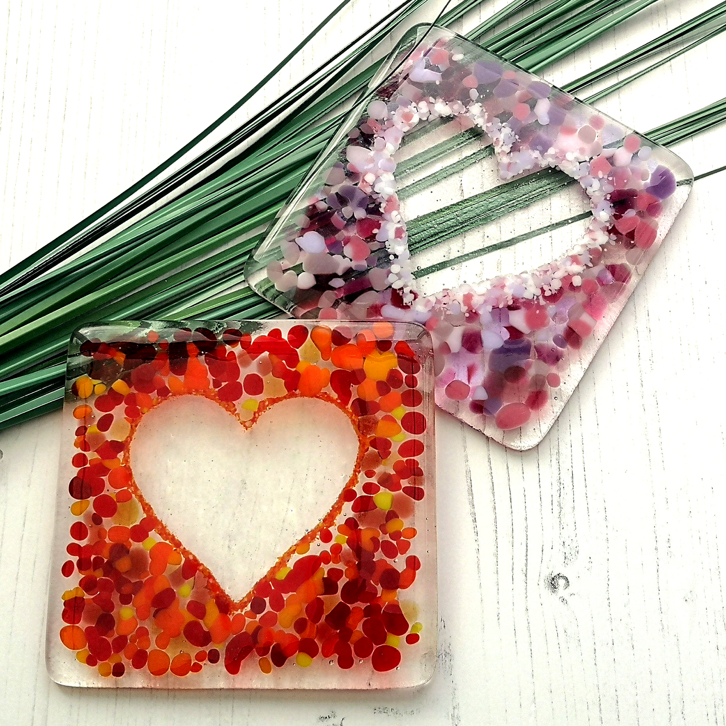 Handmade fused glass love heart drinks coaster, glass heart design wall tile. Pink, red home decoration, dining table protection. Valentine, romantic gift. Wedding present.