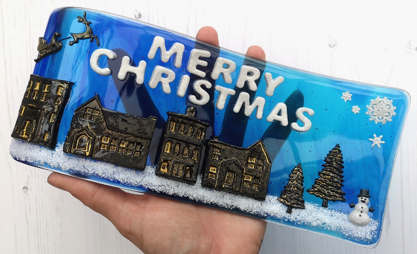 Handmade fused glass 3D merry Christmas free standing curved picture decoration, festive present, santa sleigh reindeer roof top snowy Xmas scene