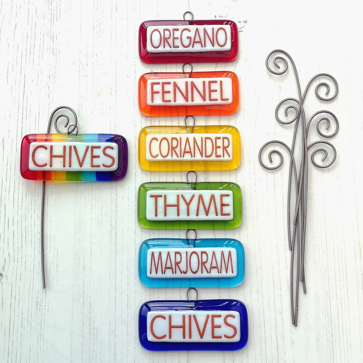 Handmade fused glass personalised hanging plant label. Colourful plant marker. Rainbow garden plant stake. Herb, vegetable, flower, fruit name.