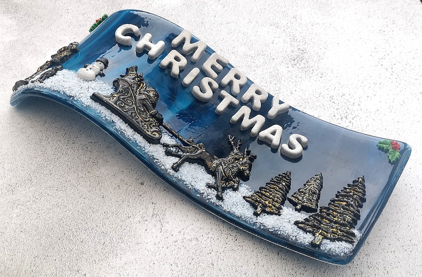 Handmade fused glass 3D merry Christmas free standing curved picture decoration, festive present, santa sleigh, reindeer north pole elf Xmas scene