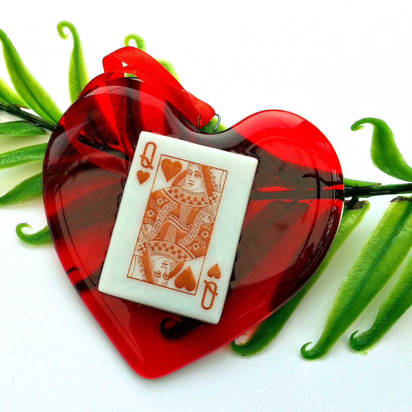 Handmade fused glass Red King / Queen Of Hearts / Diamonds Hanging Decoration. Valentine suncatcher gift. Romantic, love, message from the heart present. Girlfriend, boyfriend, partner, husband, wife, Mum, Dad, friend. Playing card deck.