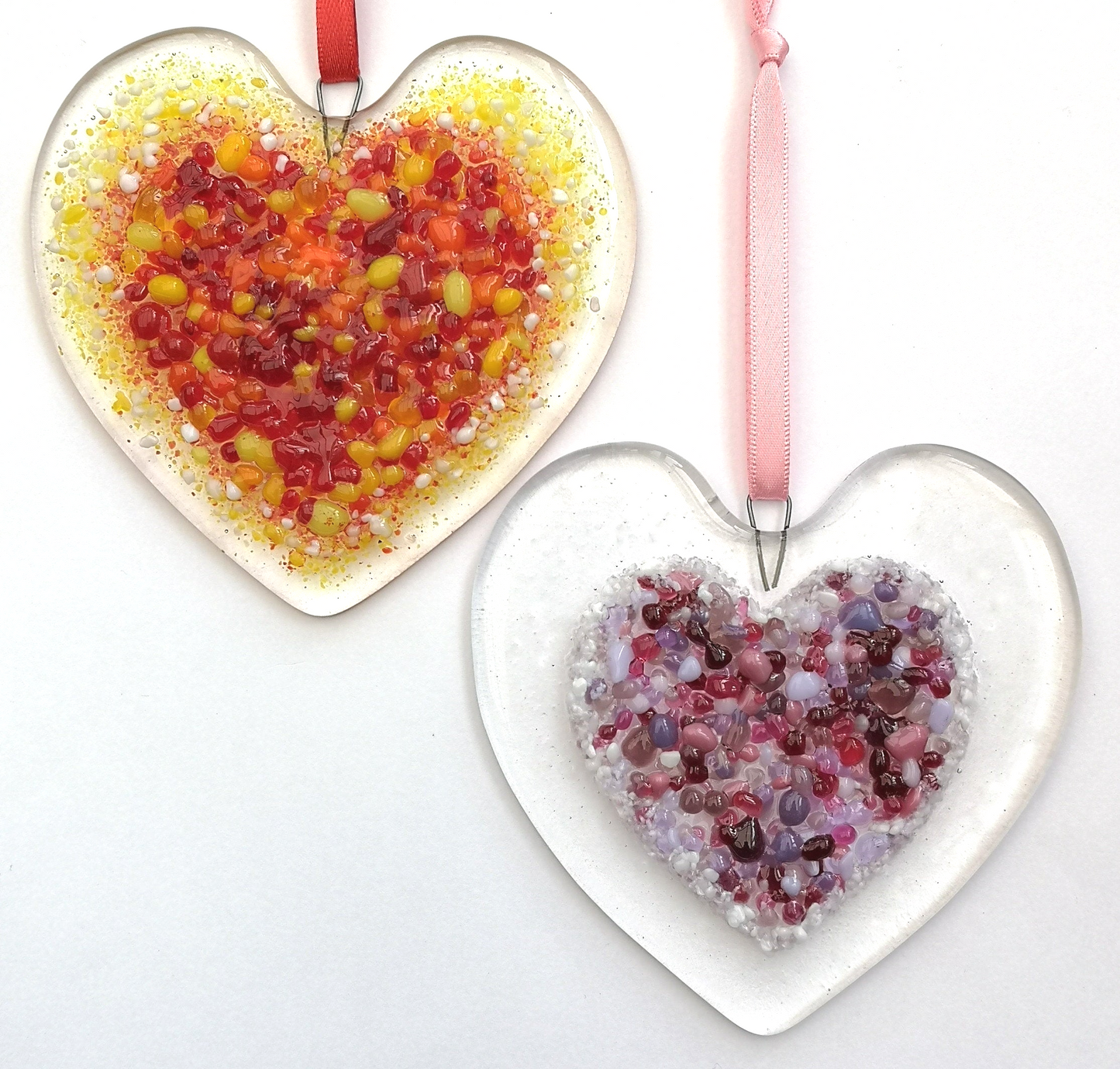 Handmade fused glass Red Pink Love Heart Hanging Decoration. Valentine suncatcher gift. Romantic, love, message from the heart present. Girlfriend, boyfriend, partner, husband, wife, Mum, friend.