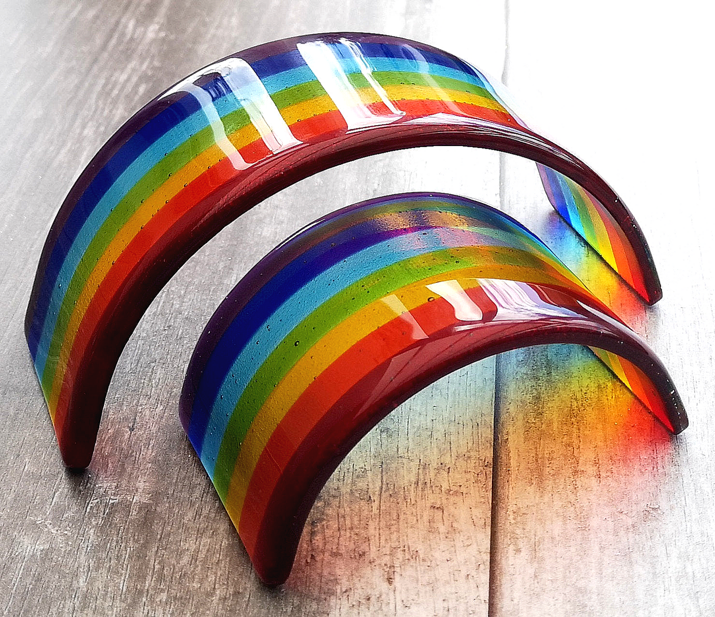 Handmade fused glass curved rainbow bridge. Free standing rainbow arch. Brightly coloured glass gift. Suncatcher, tealight candle surround. Gift for pet loss, remembrance.