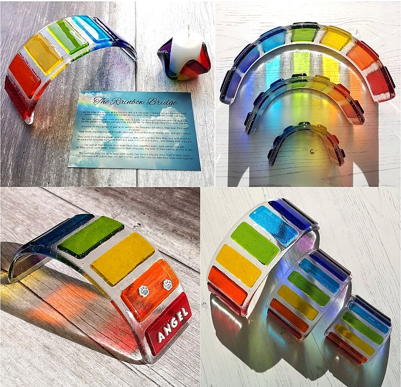 Handmade fused glass curved rainbow bridge. 3D pet paw prints. Free standing personalised 3D name rainbow arch. Brightly coloured glass gift. Suncatcher, light catcher. Gift for pet loss, remembrance.