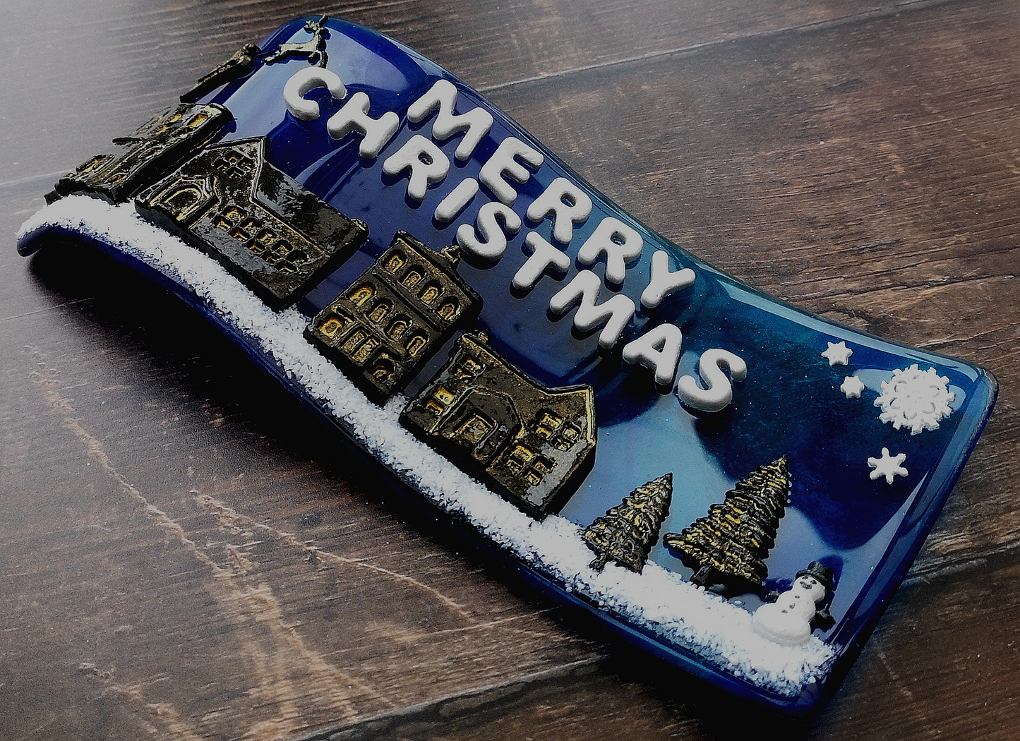 Handmade fused glass 3D merry Christmas free standing curved picture decoration, festive present, santa sleigh reindeer roof top snowy Xmas scene
