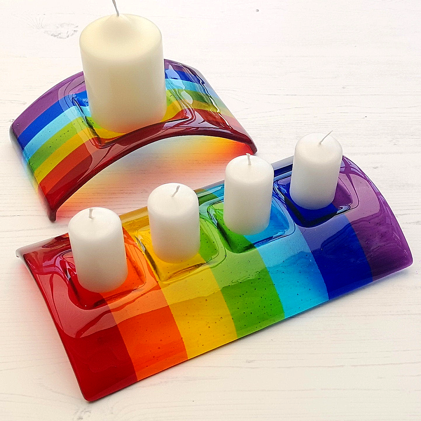 Handmade fused glass curved rainbow bridge candle holder. Free standing rainbow arch tealight candle holder. Brightly coloured glass gift. Suncatcher, light catcher. Gift for pet loss, remembrance.