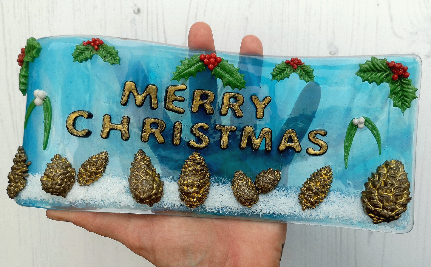 Handmade fused glass 3D merry Christmas free standing curved picture decoration, festive present pine cone mistletoe holly snow wreath xmas scene