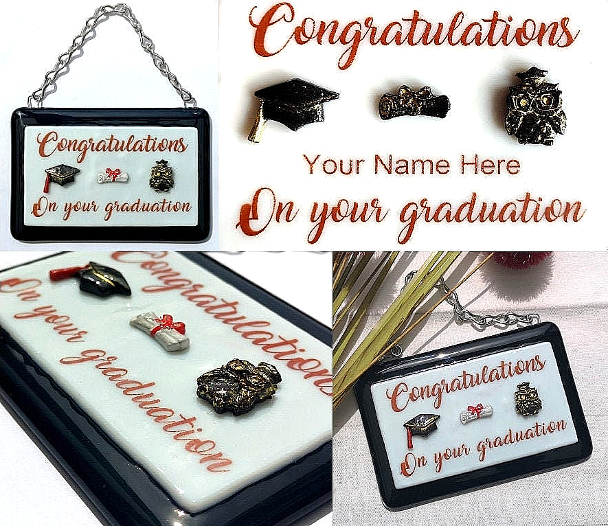 Handmade fused glass Congratulations On Your Graduation hanging picture. Custom, customised decoration award present. Personalised name gift for graduate, masters, doctorate degree. Name plaque certificate.