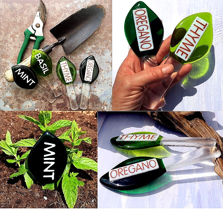 Handmade fused glass personalised plant label. Colourful plant marker. Leaf shaped garden plant stake. Herb, vegetable, flower, fruit name.