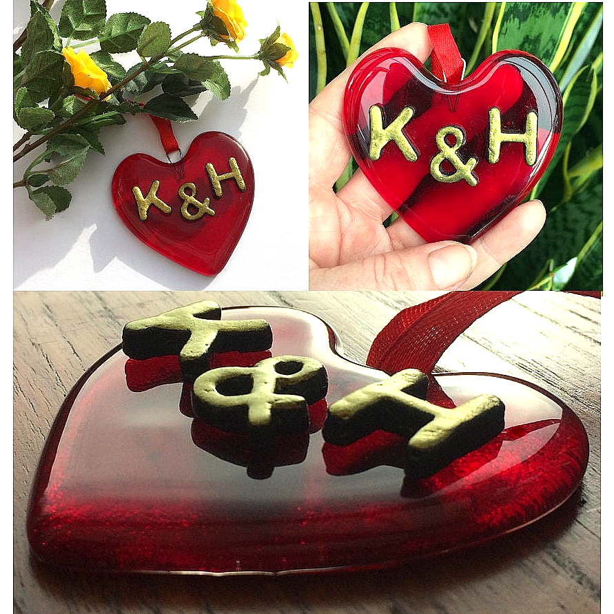 Handmade fused glass Red Personalised Love Heart Hanging Decoration. Valentine suncatcher gift. Romantic, love, message from the heart present. Girlfriend, boyfriend, partner, husband, wife keepsake, wedding, engagement gift.