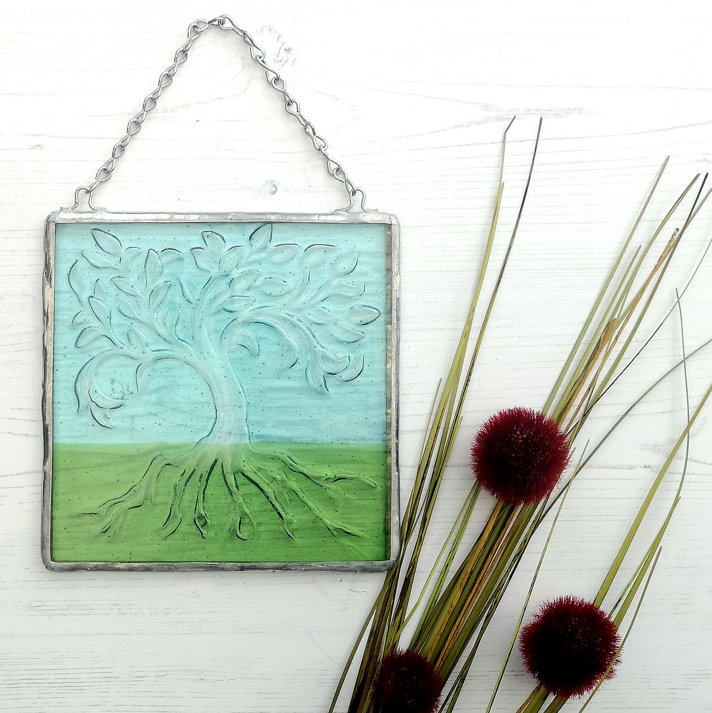 Handmade fused glass Tree Of Life hanging picture. Wall plaque suncatcher, nature. Iridised glass, sacred tree light catcher.
