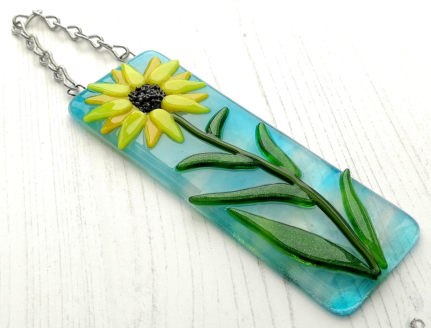 Handmade 3D fused glass Sunflower Hanging Picture, suncatcher. Floral decoration, ornament, flower wall art, garden picture gift.