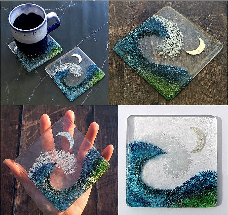Handmade fused glass wave drinks coaster with embedded coloured bubbles and pure silver foil moon. Glass wall tile, hot drink table mat, sea, ocean home decoration, dining table protection. Beach gift.