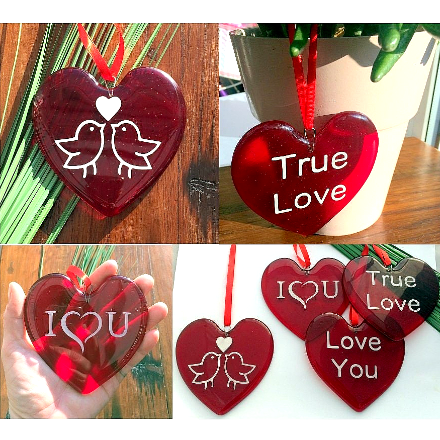 Handmade fused glass Red Personalised Love Heart Hanging Decoration. Hand painted design. Valentine suncatcher gift. Romantic, love, message from the heart present. Girlfriend, boyfriend, partner, husband, wife, Mum, friend.
