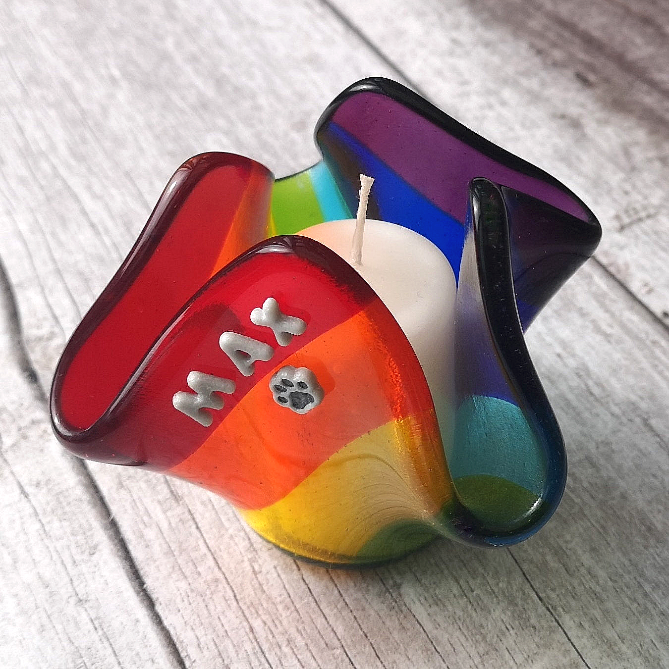 Handmade fused glass rainbow tealight candle holder. 3D pet paw prints. Personalised 3D name. Brightly coloured glass gift. Suncatcher, light catcher. Gift for pet loss, remembrance.