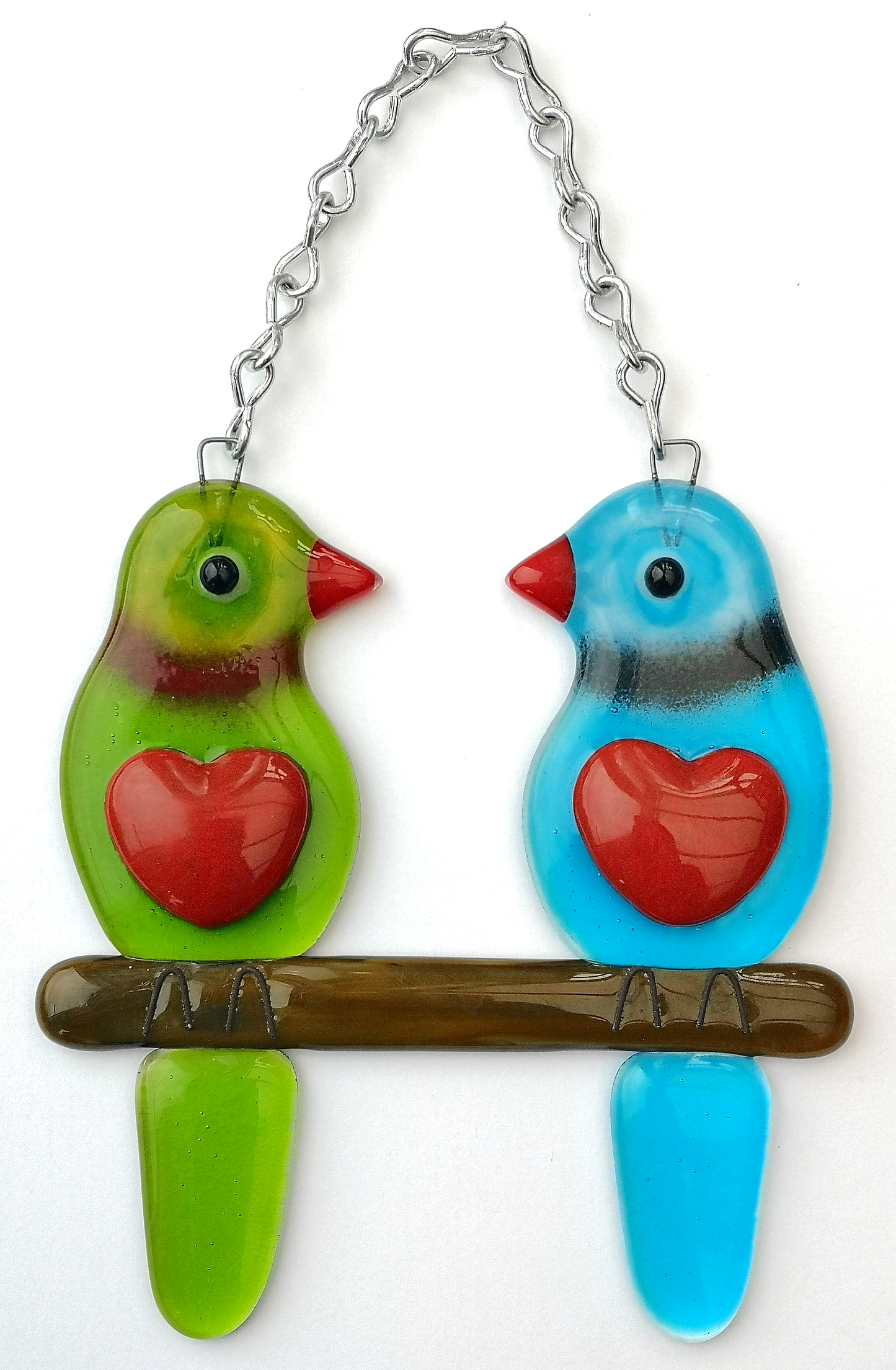 Handmade fused glass Lovebirds Hanging Decoration. Valentine birds suncatcher gift. Romantic, love, message from the heart, nature, bird lover present. Girlfriend, boyfriend, partner, husband, wife keepsake, wedding, engagement gift.