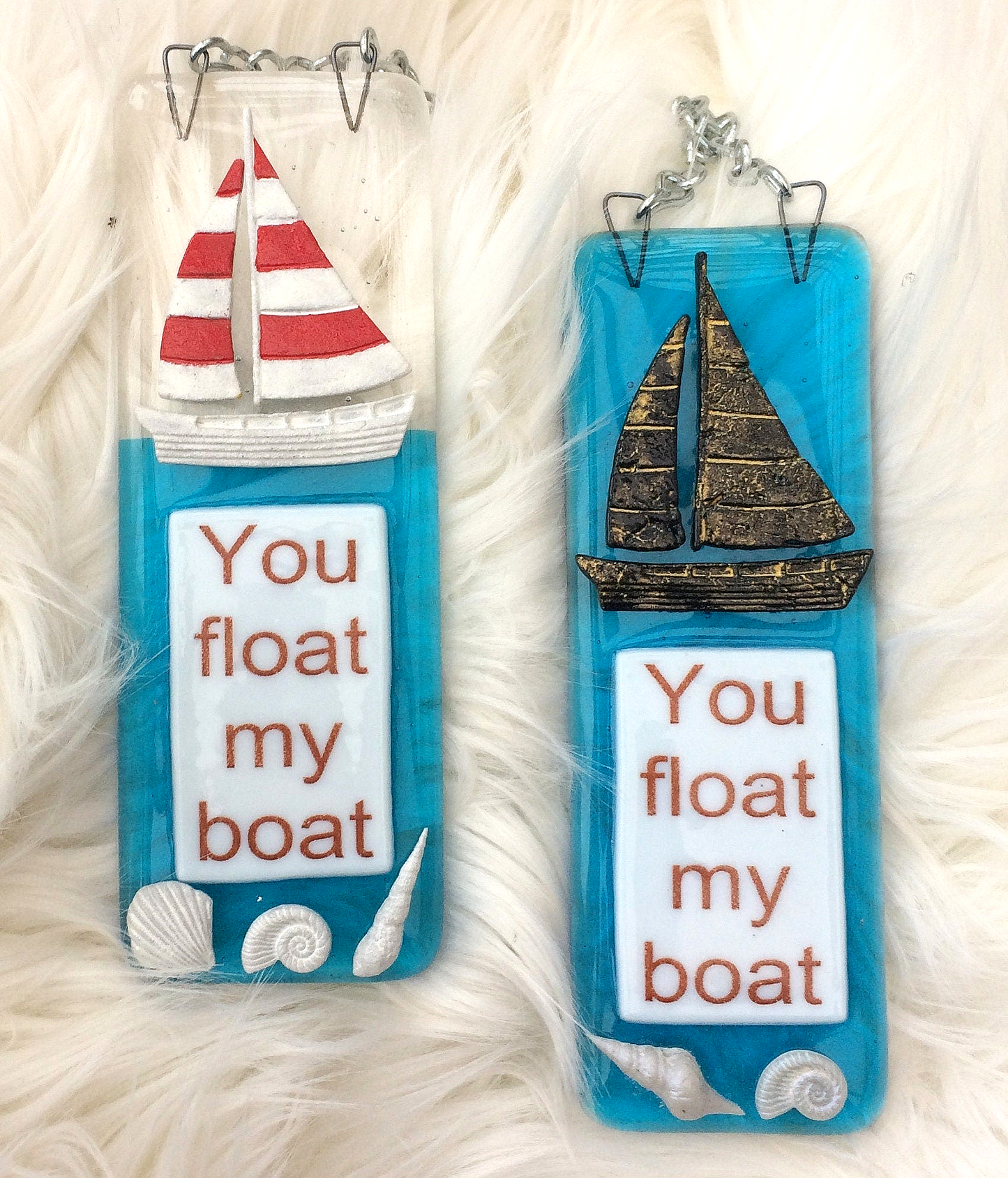 Handmade fused glass You Float My Boat Hanging Decoration. Valentine suncatcher gift. Romantic, love, message from the heart present. Girlfriend, boyfriend, partner, husband, wife.