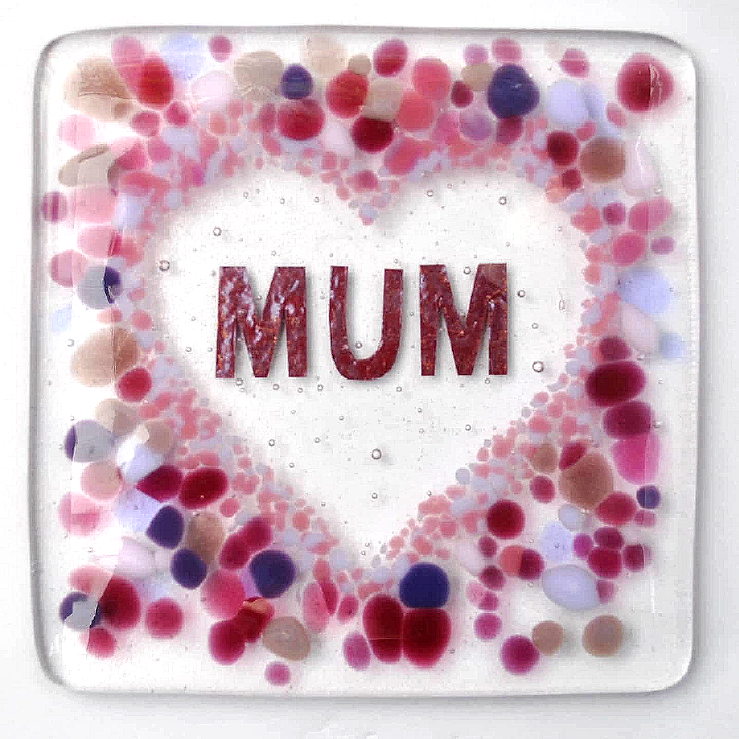 Handmade fused glass mum in a love heart drinks coaster, Mothers day, Mothering Sunday, gift for Mum, Mother present, glass heart design wall tile. Pink, red home decoration, dining table protection.