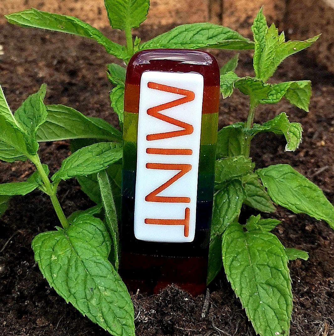 Handmade fused glass personalised rainbow plant label. Colourful plant marker. Rainbow striped garden plant stake. Herb, vegetable, flower, fruit name.