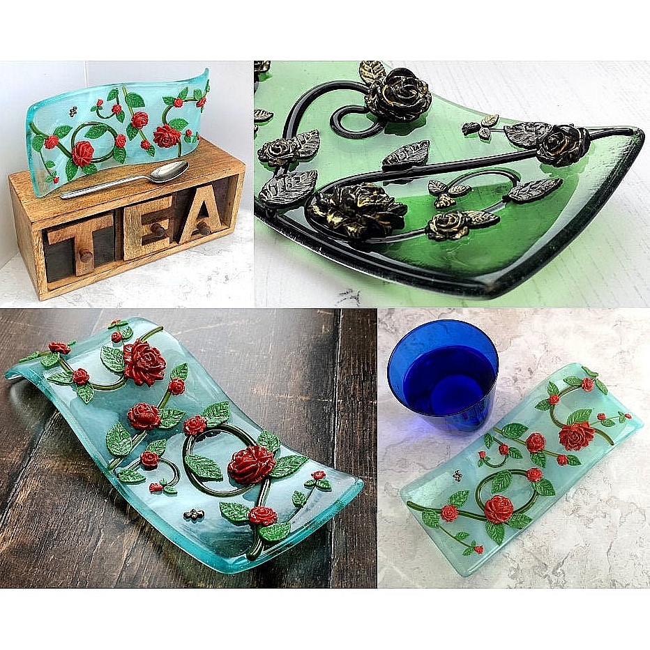 Handmade fused glass 3D Flowers free standing curved wavy shaped picture, suncatcher. Flower wall art, garden gnome, nature gift, red roses, floral decoration ornament. Gold highlighted silhouette.