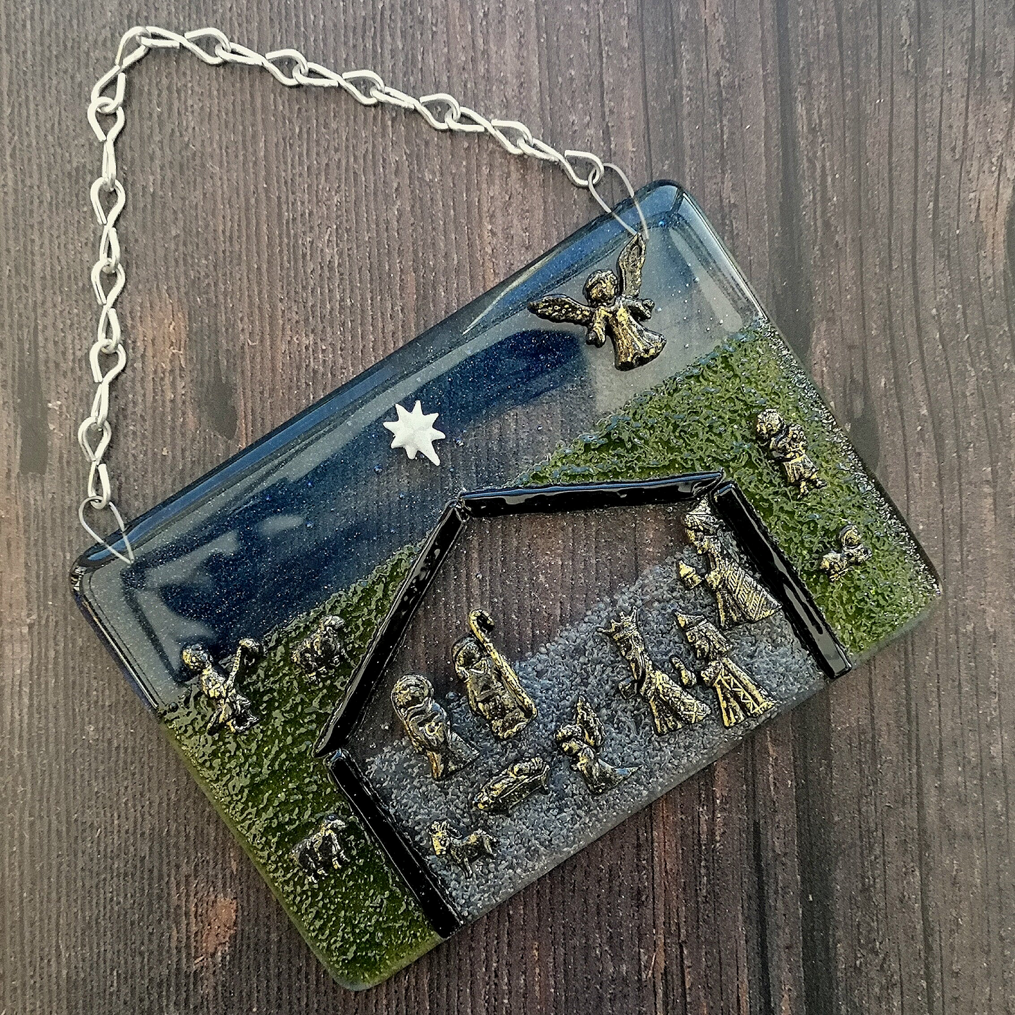 Handmade fused glass nativity scene hanging picture or free standing wooden frame. Decoration ornament, Christmas decor, festive gift, present. 3 wise men, baby Jesus in a manger.