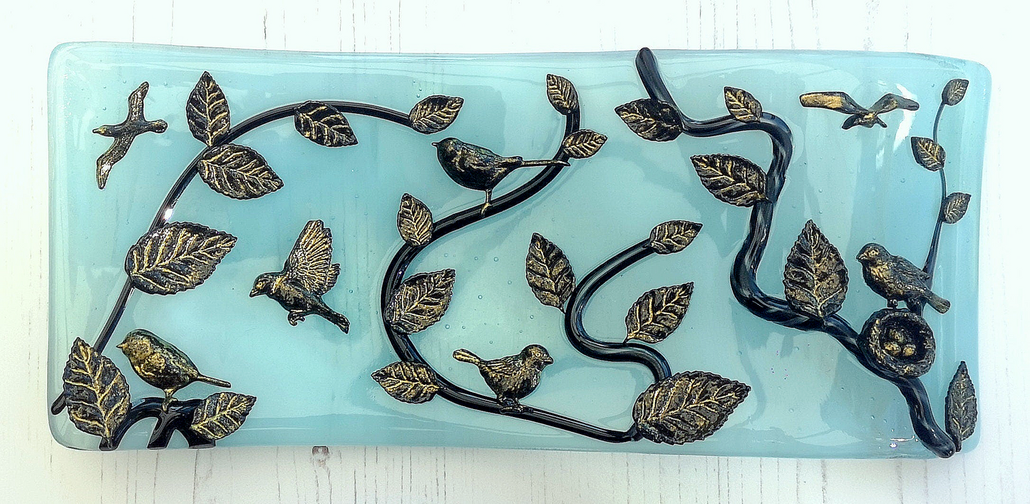 Handmade fused glass 3D Birds Free Standing Wavy, Curved Picture, suncatcher. Bird art, nature gift, decoration ornament, tree, leaves, nesting baby bird eggs, gold silhouette highlight.