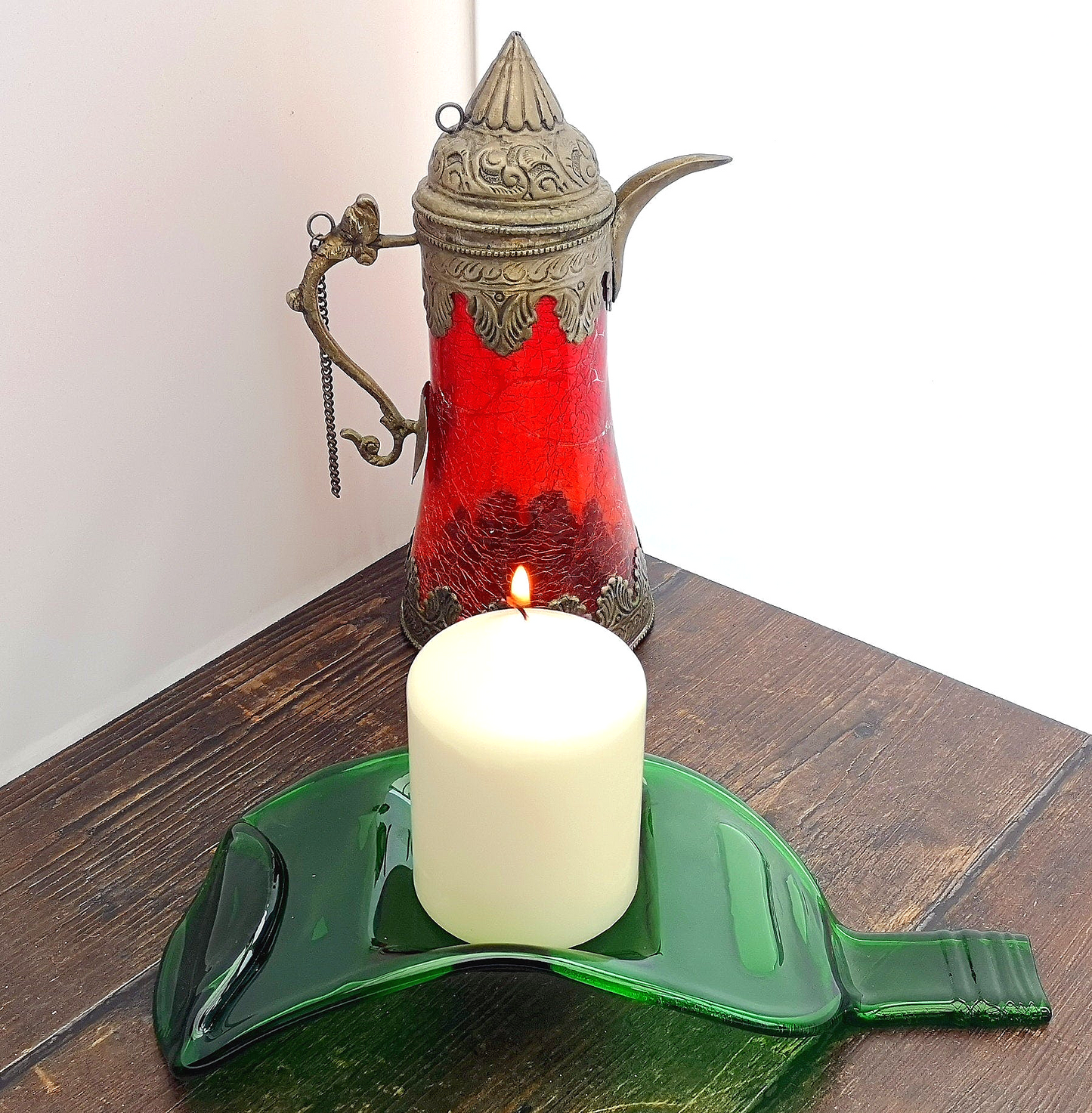Handmade fused glass Recycled Wine Bottle Candle Holder. Squashed, slumped bottle serving dish. Eco gift, zero waste, reclaimed, upcycled tealight holder.