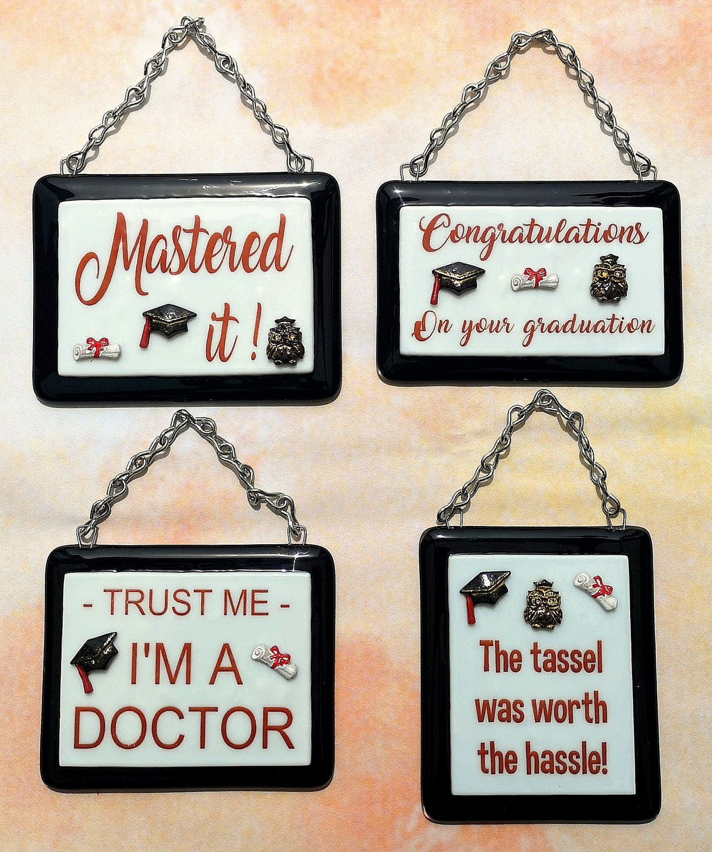 Handmade fused glass 'Congratulations On Your Graduation' hanging picture. Custom, customised decoration award present. Personalised name gift for graduate, masters, doctorate degree. Name plaque certificate.