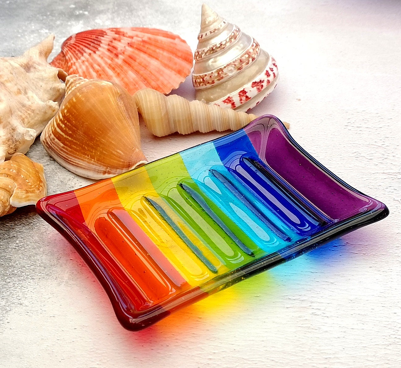 Handmade fused glass soap dish with rainbow colours. Rainbow striped colourful glass soap holder. Brightly Coloured Gift.