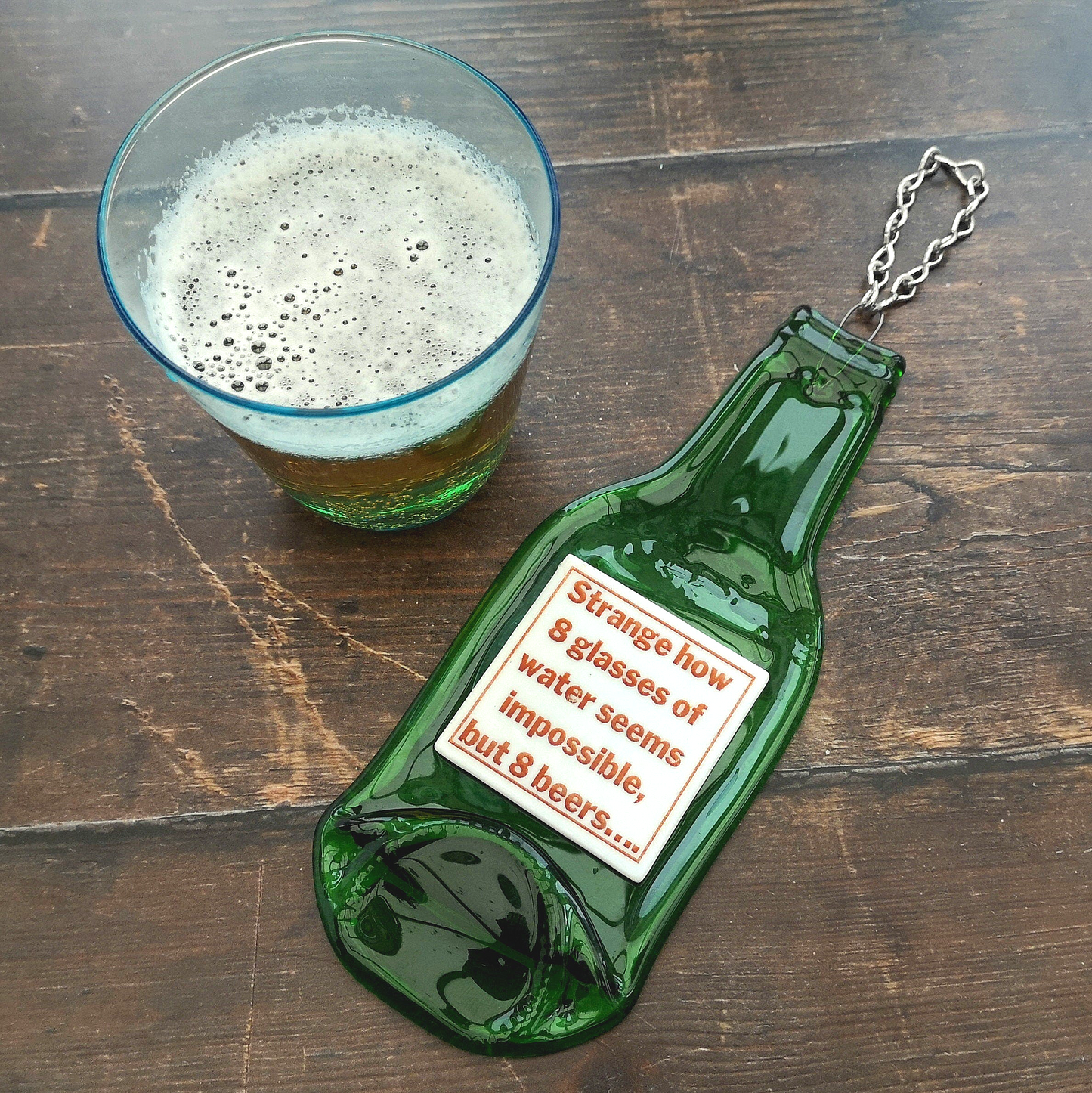 Handmade fused glass Recycled Wine / Beer Bottle Humorous Quotes. Hanging flattened slumped bottle. Eco gift zero waste reclaimed upcycled funny phrases.
