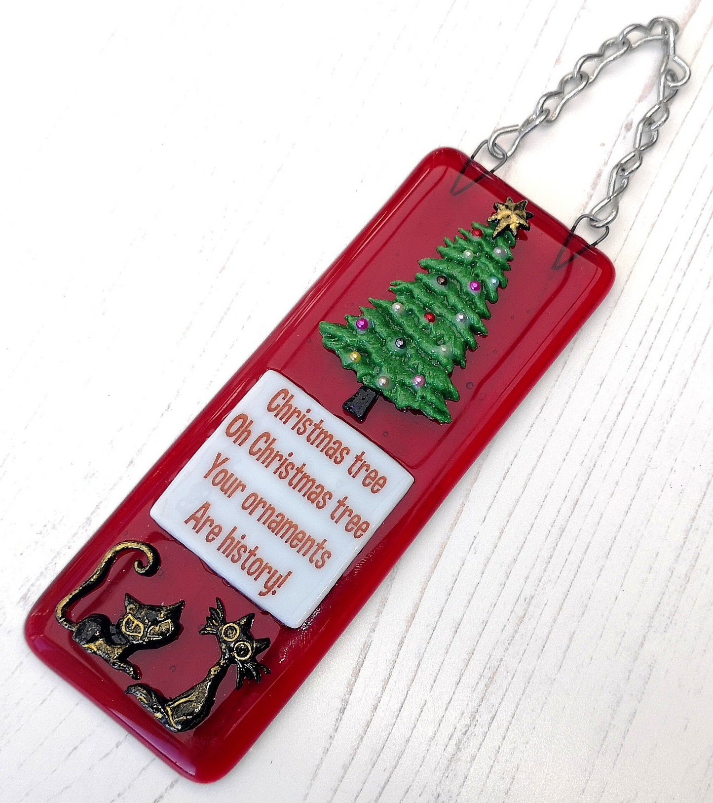 Handmade fused glass 3D Christmas cat hanging decoration, picture suncatcher, funny, humorous ornament, holiday decor, Oh Christmas tree bauble gift, festive present, pet cat lover.