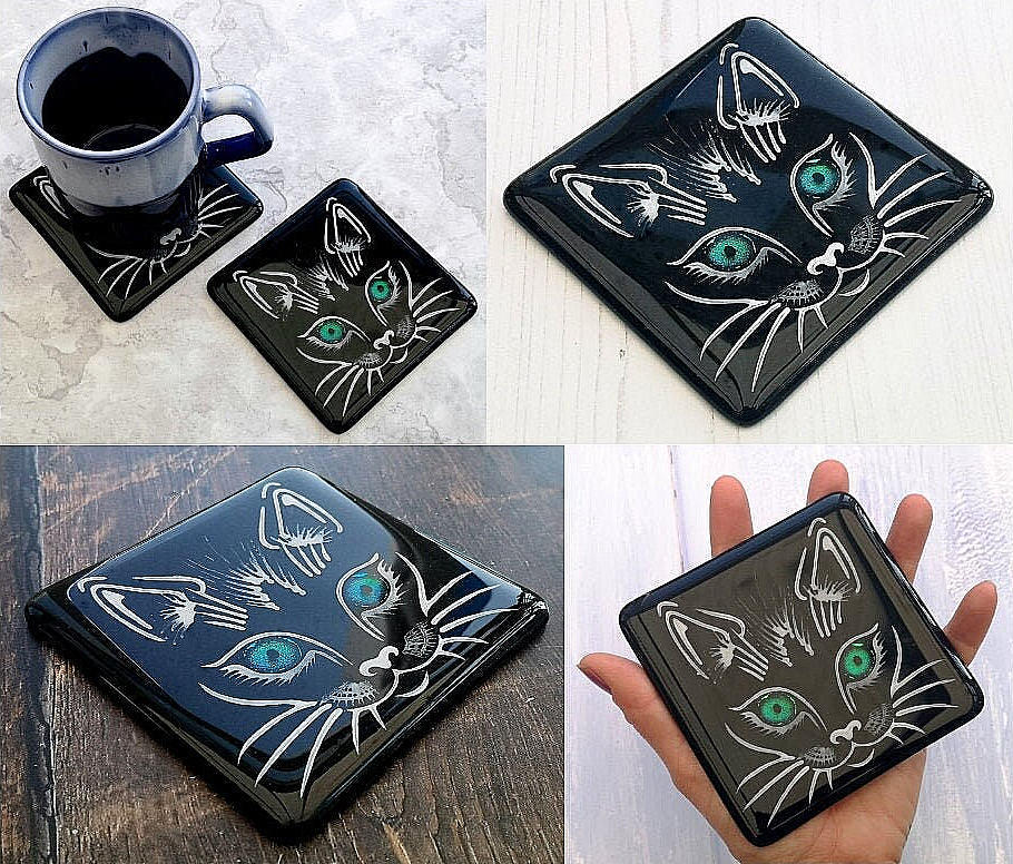 Handmade fused glass cat face drinks coaster with reflective dichroic glass eyes. Glass tile, lucky black cat. Hot drink table mat, feline decor gift. Lucky cat, crazy cat decoration, wall tile, kitten, kitty cat lover, dining table protection.