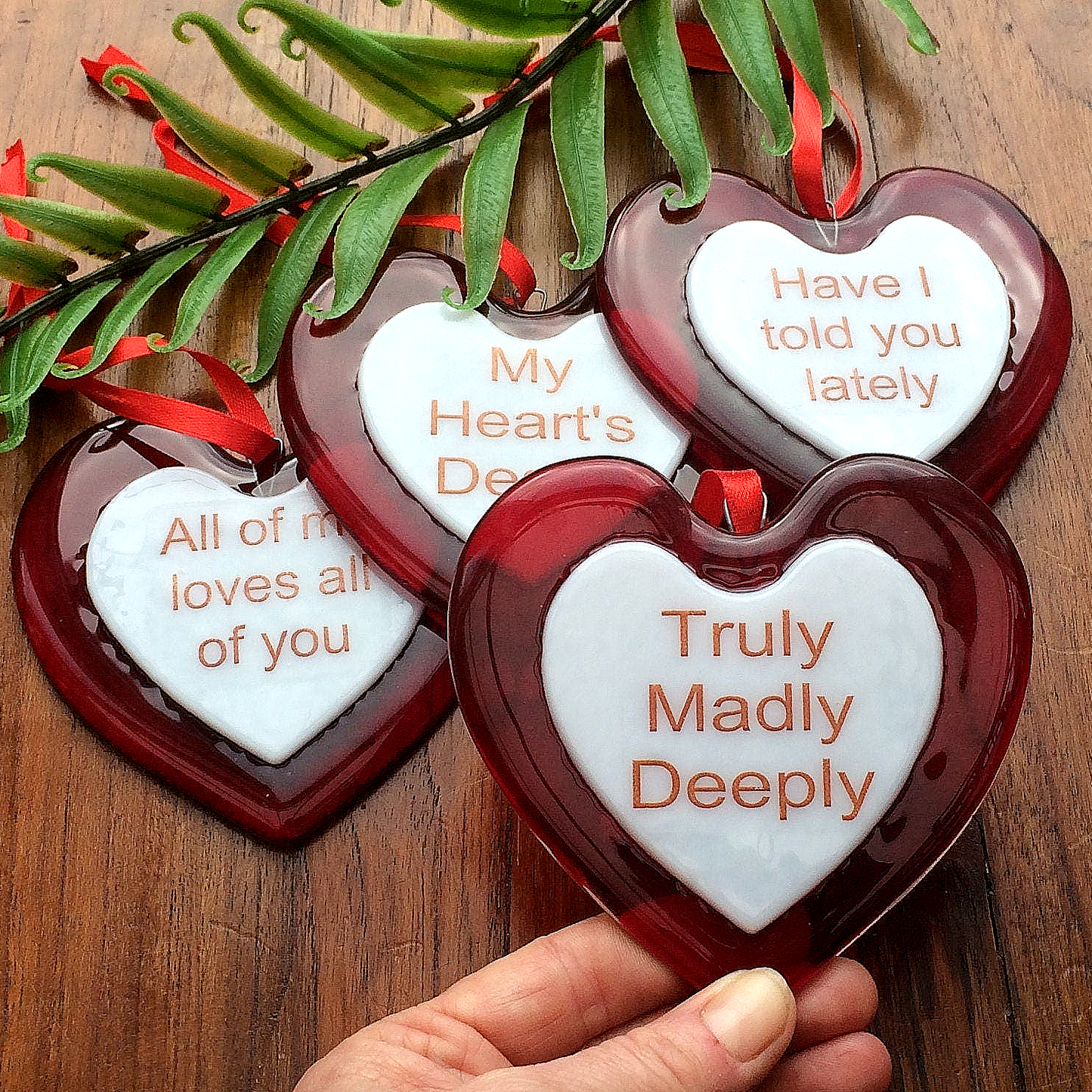 Handmade fused glass Red Personalised Love Heart Hanging Decoration. Valentine suncatcher gift. Romantic, love, message from the heart present. Girlfriend, boyfriend, partner, husband, wife, Mum, friend.