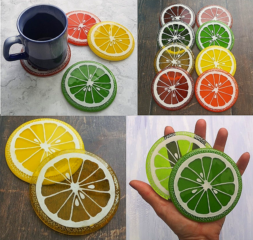 Handmade fused glass fruit slice drinks coaster, citrus fruit colourful glass tile, hot drink table mat. Fruity decor gift, wall tile. Hand painted design, home decoration, dining table protection.