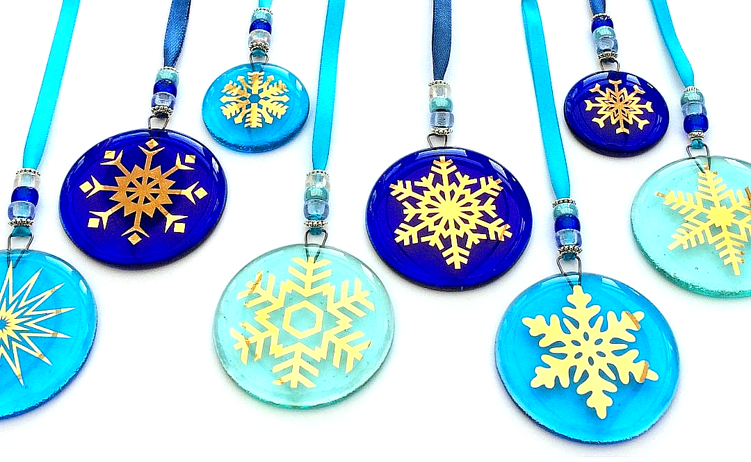 Fused glass Snowflake Hanging Decorations. Glass suncatcher, bauble ornament, holiday decor, Christmas tree gift, festive present.