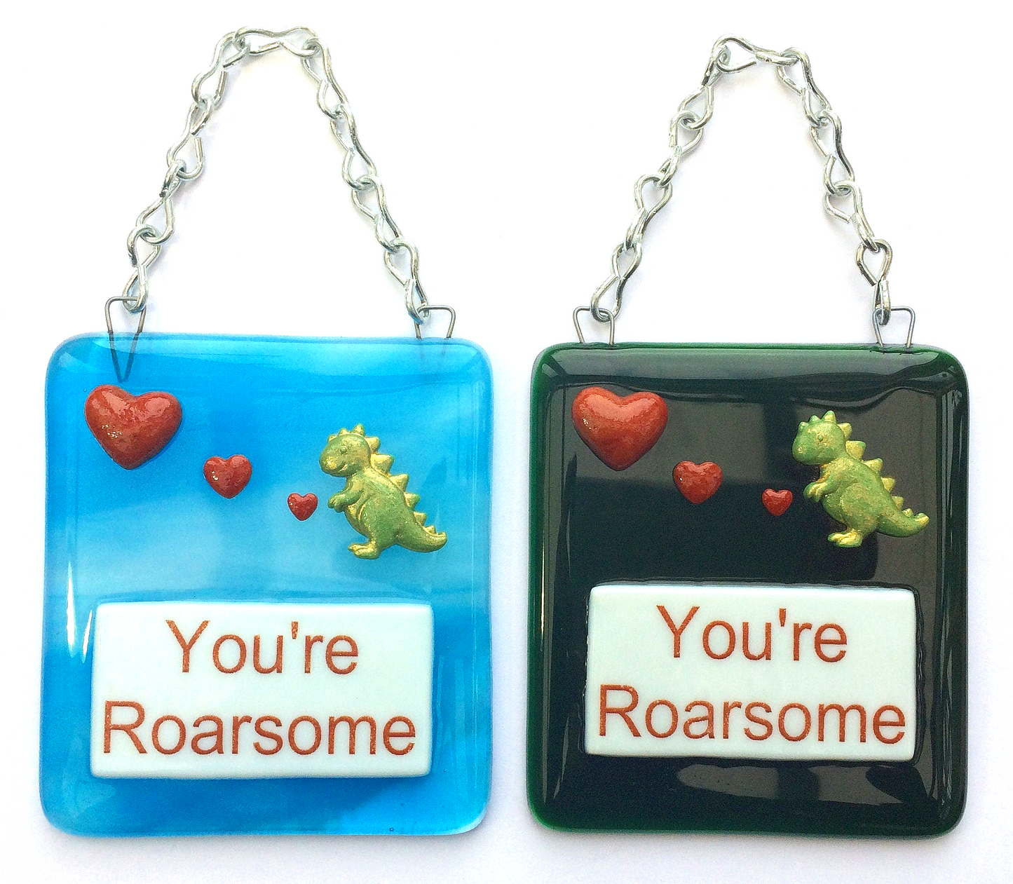 Handmade fused glass Awesome Roarsome Dinosaur Hanging Decoration. Valentine suncatcher gift. Romantic, love, message from the heart present. Girlfriend, boyfriend, partner, husband, wife.