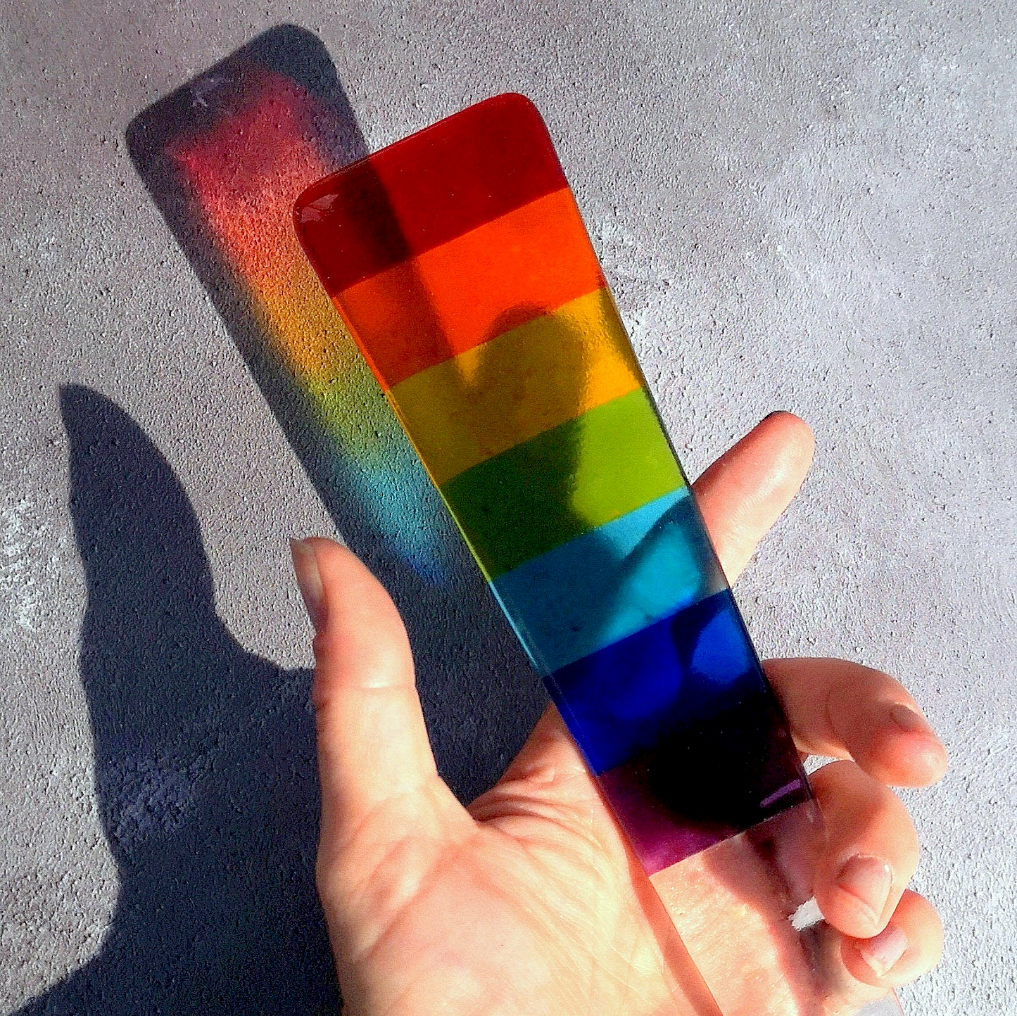 Handmade fused glass rainbow plant pot suncatcher. Colourful plant marker ornament. Rainbow striped plant stake. Herb, vegetable, flower, fruit garden.