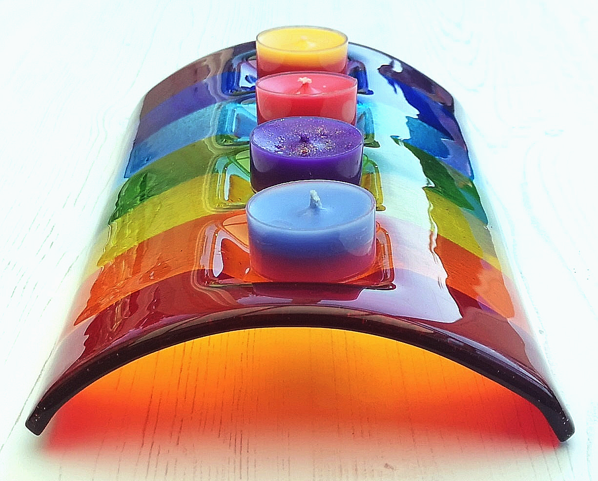Handmade fused glass curved rainbow bridge candle holder. Free standing rainbow arch tealight candle holder. Brightly coloured glass gift. Suncatcher, light catcher. Gift for pet loss, remembrance.