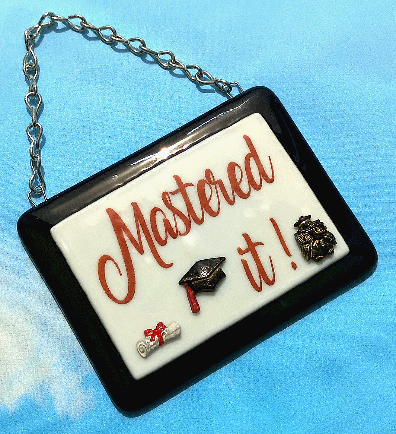 Handmade fused glass 'Mastered It' hanging picture. Custom, customised decoration award present. Personalised name gift for graduate, masters, doctorate degree. Name plaque certificate. Congratulations graduation.