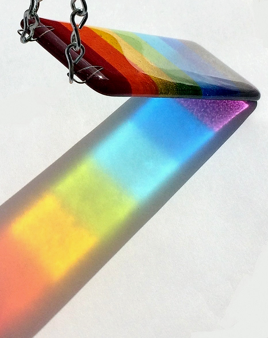 Handmade fused glass Rainbow Striped Hanging Picture / Suncatcher. Brightly coloured glass light catcher, rainbow decor, colourful wall or window art.